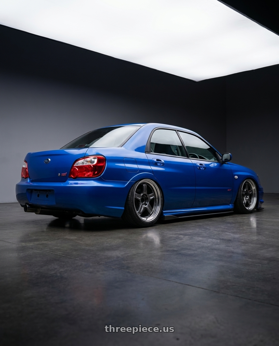 2004 Subaru sti with Volk Racing 21C 5x114.3 18X8.5+35  Dark Gunmetal wheels rear three quarter view slight stretch tires