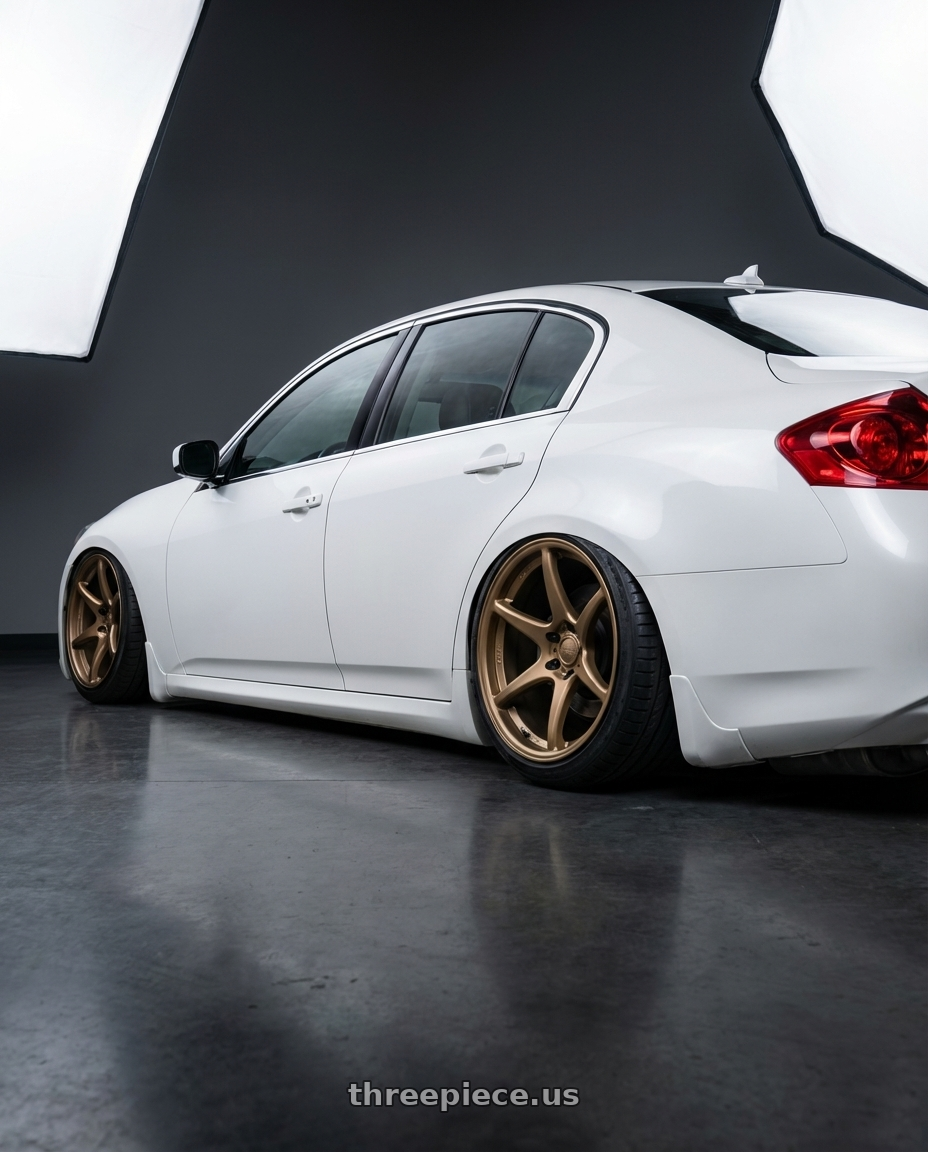 2012 Infiniti G37 with Kansei K11B Tandem 5x114.3 19x9.5 12 Bronze wheels rear three quarter view slight stretch tires