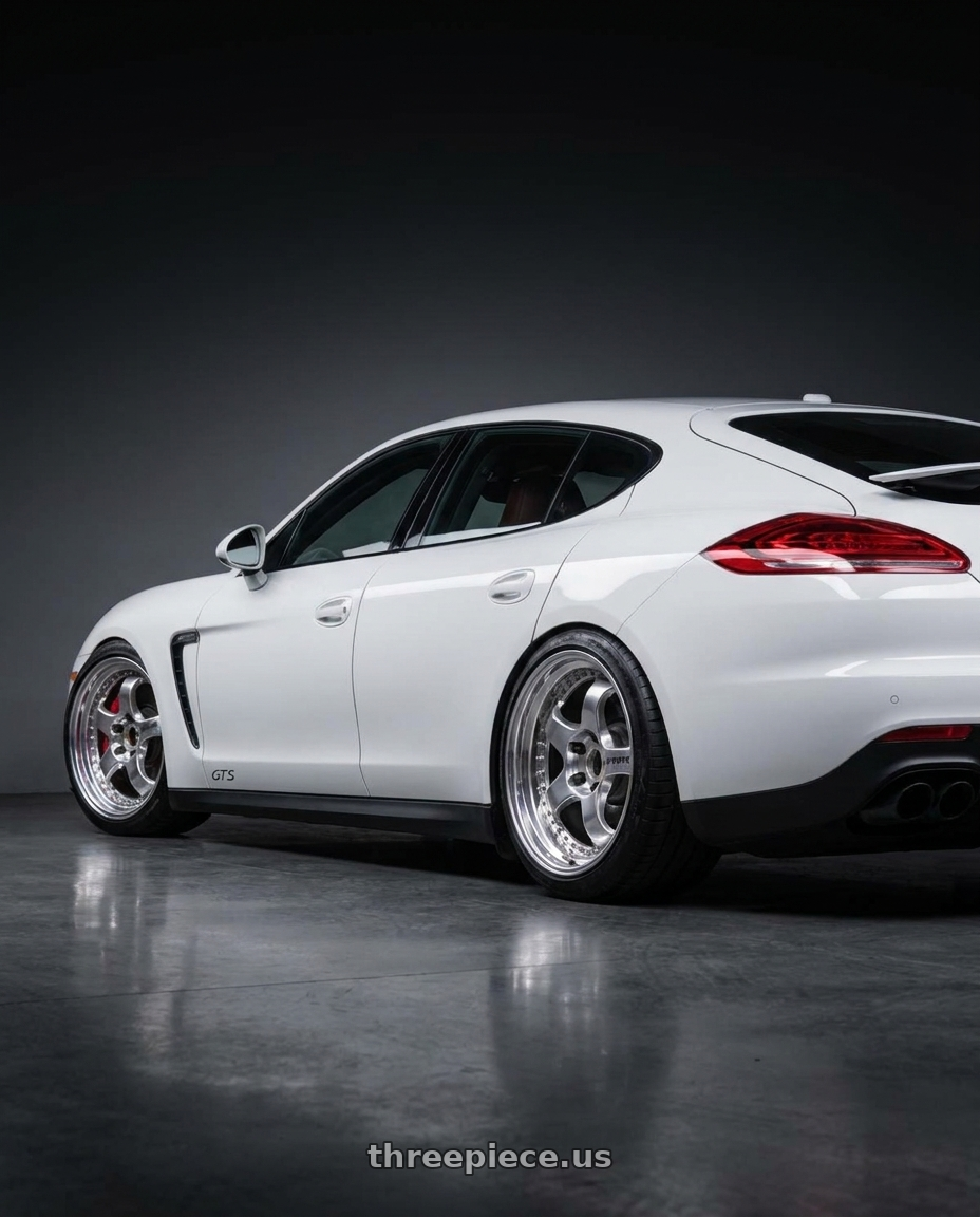 2015 Porsche panamera with Work Meister S1 3P 5x130 19x10+55 O Disk Bright Buff Finish wheels rear three quarter view slight stretch tires