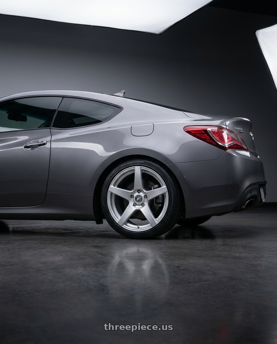 2014 Hyundai Genesis Coupe with Forgestar CF5 5x114.3 19x9 +35 Gloss Silver wheels rear three quarter view square tires