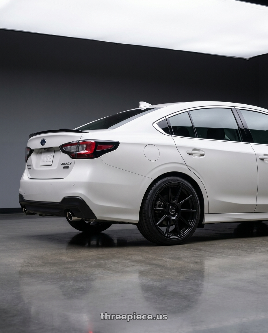 2023 Subaru legacy GT in Pearl White colour with Enkei TS10 5x114.3 18x8+50 Black wheels rear three quarter view square tires
