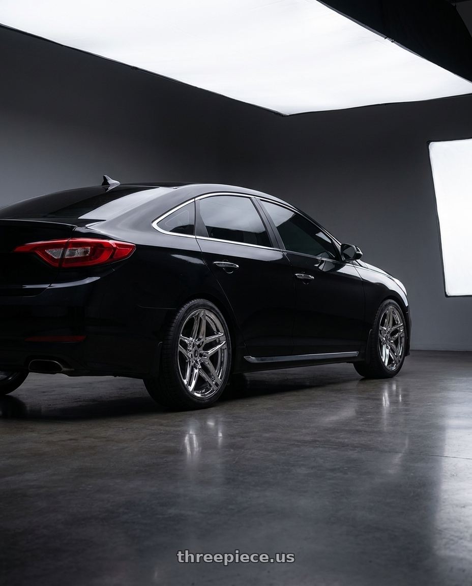 2016 Hyundai Sonata Black with Heritage Wheel EBISU MonoC 5x114.3 18x8.5+35 Chrome wheels rear three quarter view square tires