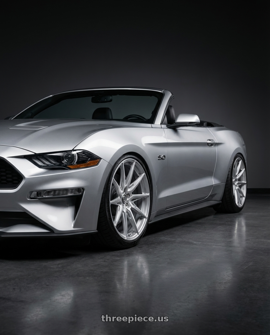 2018 ford mustang with Brada Wheels CX2 5x114.3 19x10 +30 Brushed Hyper Silver wheels front three quarter view lowered stance