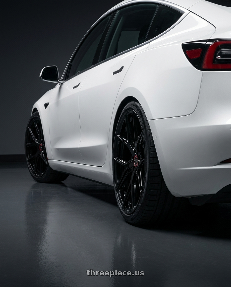 2023 Tesla Model 3 with Vossen HF-5 19x9.5 / 5x114.3 / ET40 / Deep Face / 73.1 - Gloss Black Wheel - HF5-9N63 wheels rear three quarter view square tires