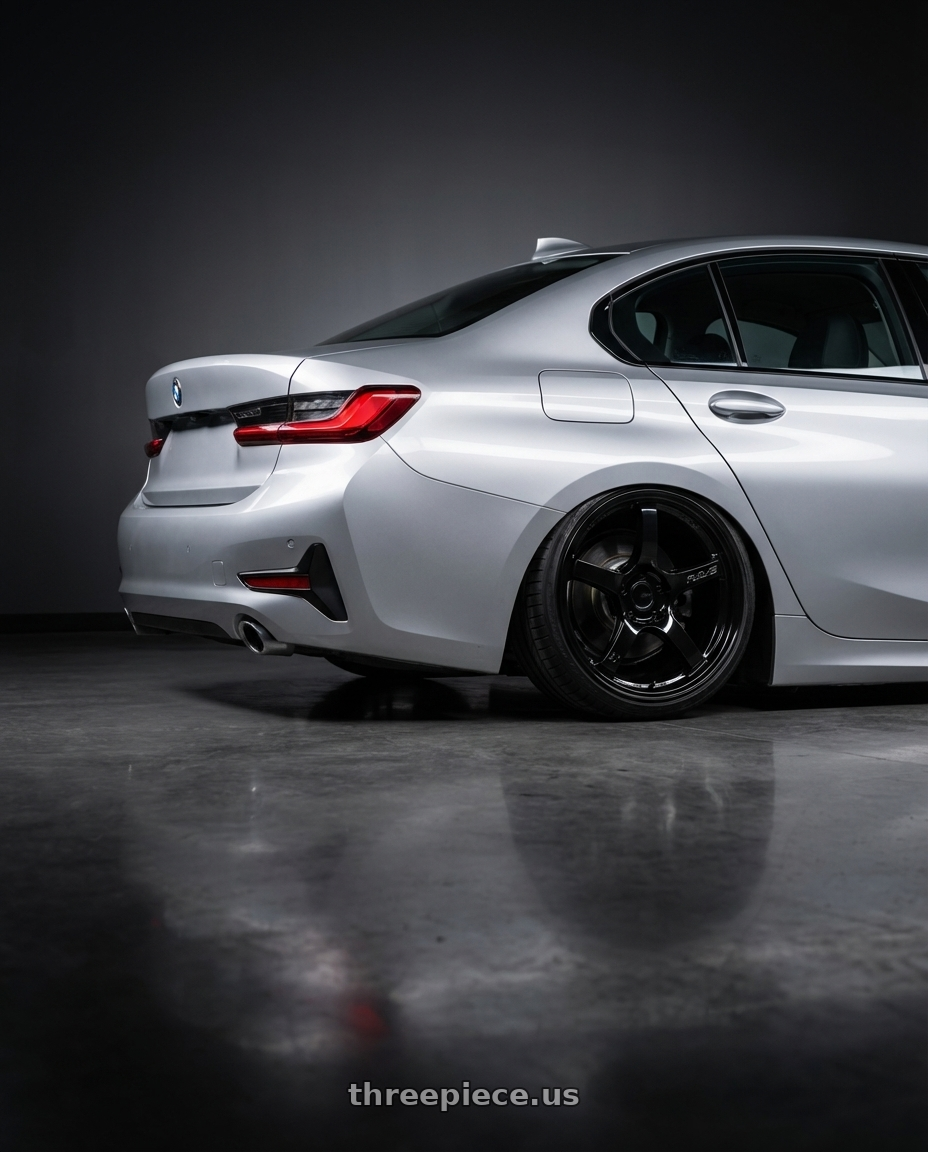 2023 BMW 3 Series G20 with Gram Lights 57CR 5x112 19x9.5+45 Glossy Black wheels rear three quarter view slight stretch tires