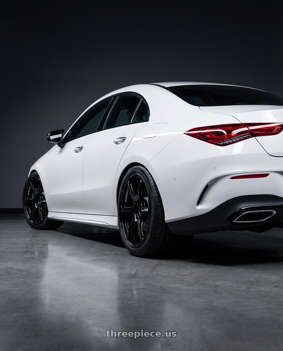 2023 Mercedes-Benz CLA C118 with Advan RGIII 5x112 19x8.5+45 Gloss Black wheels rear three quarter view square tires