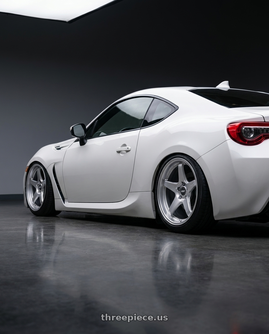 2016 Scion FR-S with ESR Wheels APEX SERIES AP5 5x100 18x8.5 +30 Hyper Silver wheels rear three quarter view slight stretch tires