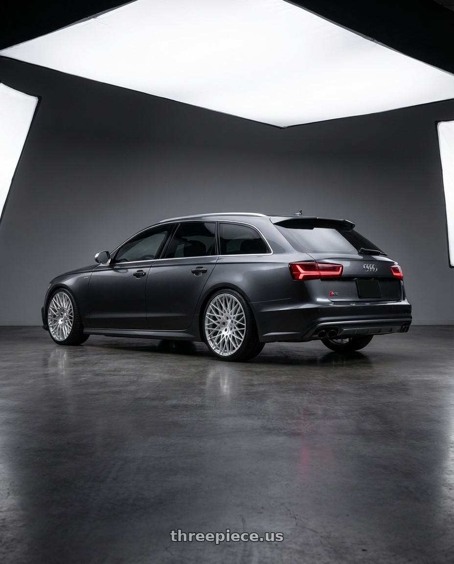 2016 Audi S6 C7 with Avant Garde Wheels M540 5X112 20x10 +25 Silver Machined wheels rear three quarter view square tires