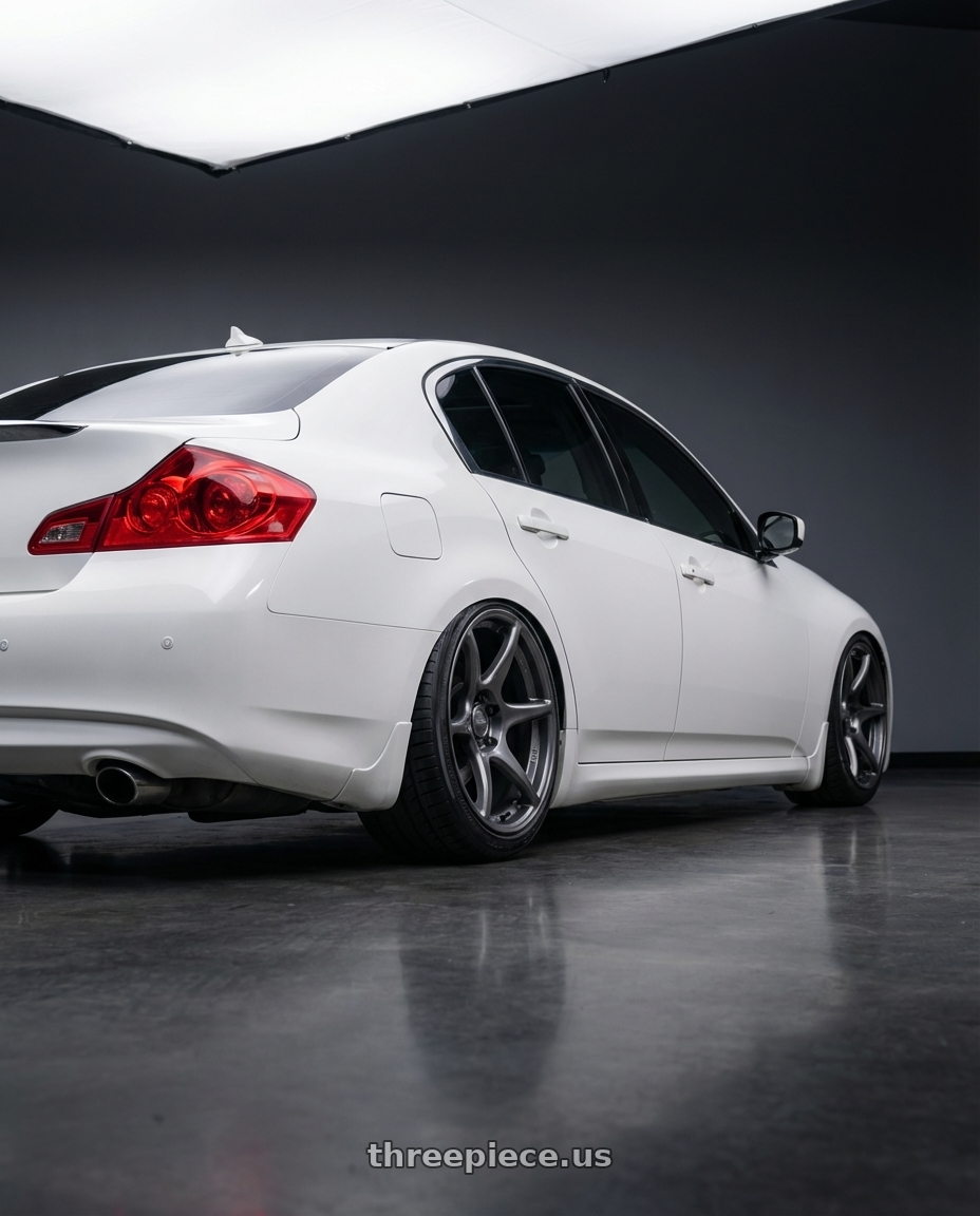 2014 Infiniti G37 Coupe with Kansei K11G Tandem 5x114.3 19x10.5 12 Gunmetal wheels rear three quarter view slight stretch tires