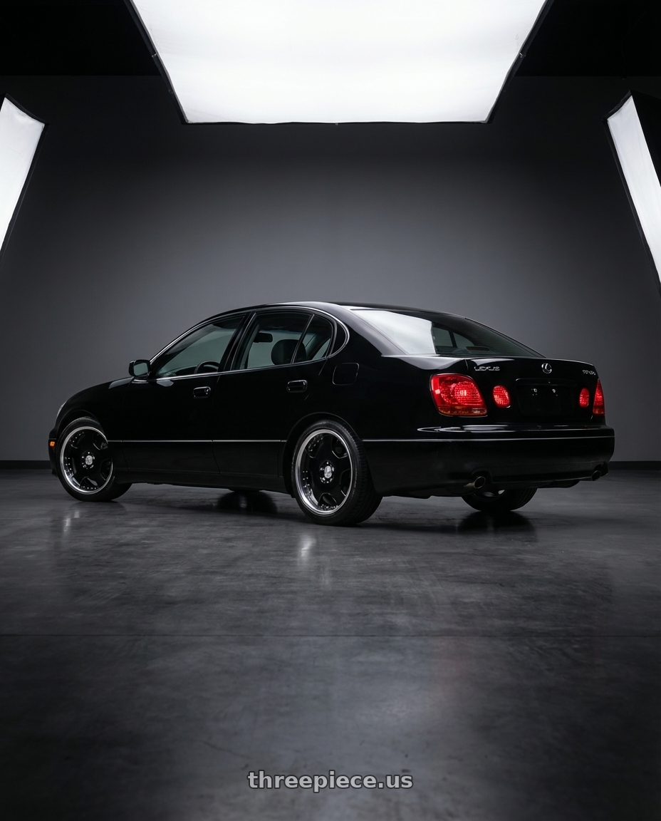 2003 lexus gs300 sport design with Work Lanvec Ld1 5x114.3 18x7+22 A Disk Black wheels rear three quarter view square tires