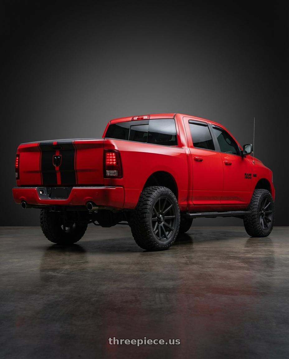 2016 Dodge Ram 1500 with G - LINE ALLOYS G0036 6x139.7 22x9.5+20 BLACK  - MATTE BLACK wheels rear three quarter view meaty tires