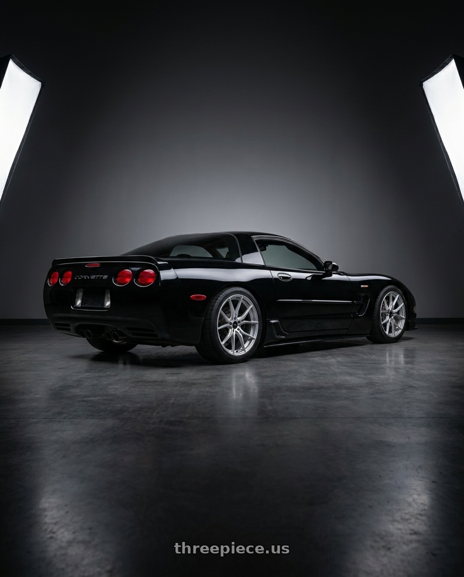 2002 c5 corvette with Advanti Racing 80S Hybris 5x114.3 20x8.5 +40 Silver with Machined Face wheels rear three quarter view square tires