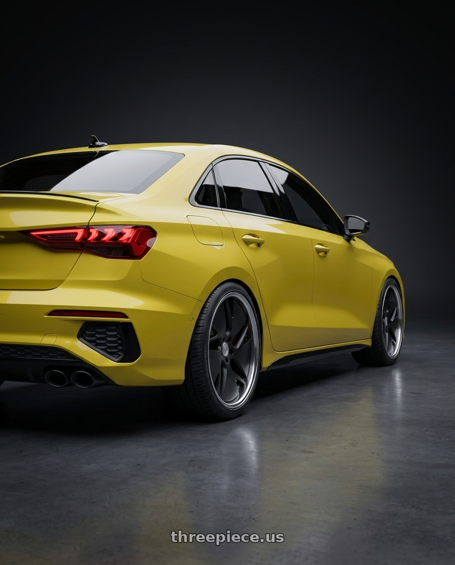 2023 Audi S3 with Work Gnosis Cvd 5x112 19x8.5+45 O Disk Matte Black wheels rear three quarter view square tires