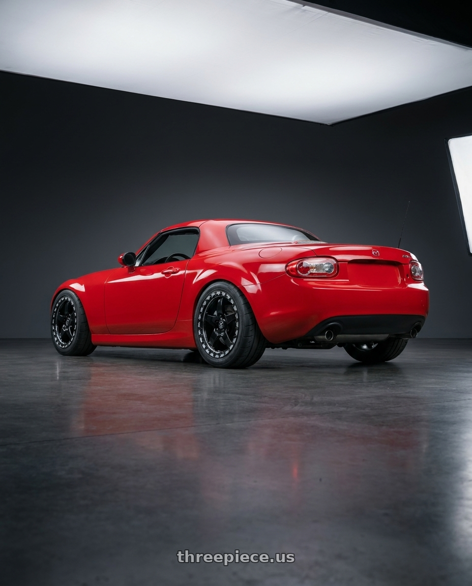 2012 Mazda MX-5 Miata NC with Forgestar D5 Beadlock 5x114.3 17x10 0 Gloss Black Machined wheels rear three quarter view square tires