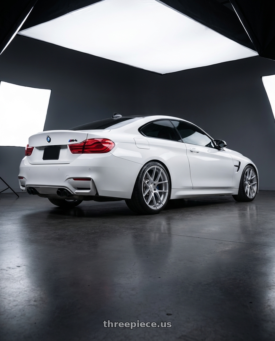 2018 BMW M4 F82 with Avant Garde Wheels M510 5X120 19x8.5 +15 Satin Silver wheels rear three quarter view square tires