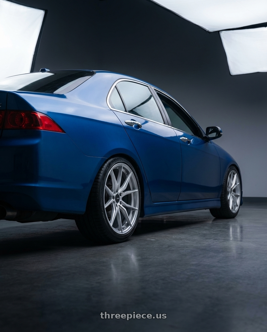 2005 Acura tsx  with Advanti Racing 80S Hybris 5X112 18x8 +45 Silver with Machined Face wheels rear three quarter view square tires