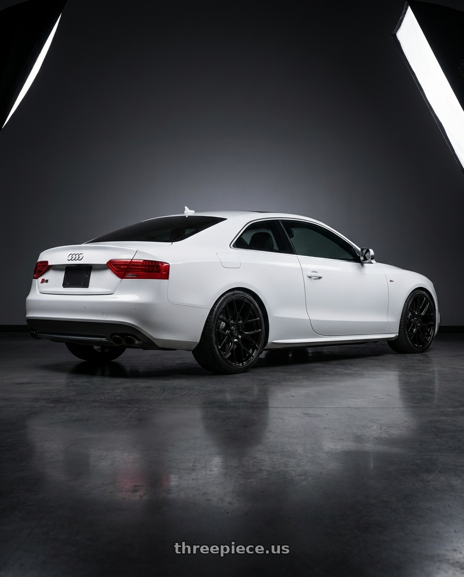2010 audi s5 with DOLCE PERFORMANCE MONZA 5x112 19x8.5 +28 Gloss Black wheels rear three quarter view square tires