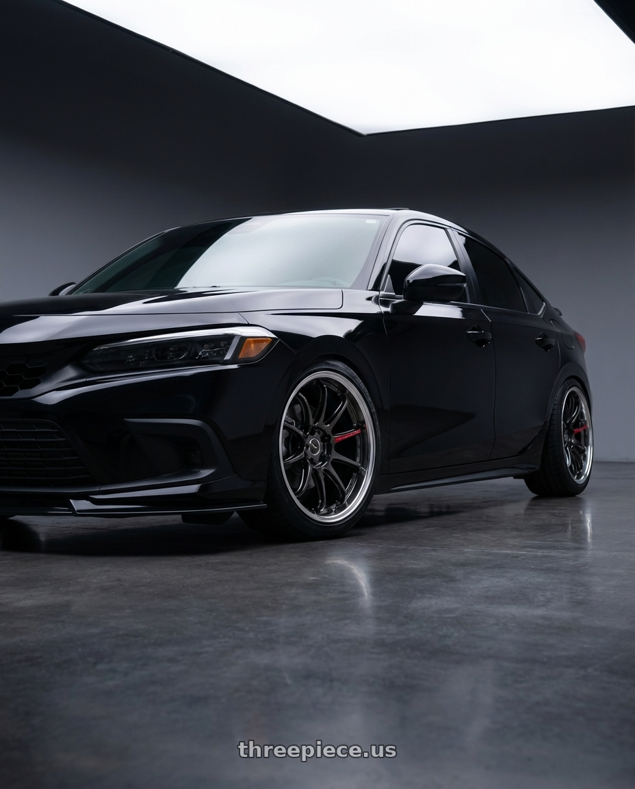 2023 Honda Civic Hatchback with Work Zr10 2P 5x114.3 18x10.0 +38 Glim Black wheels front three quarter view lowered stance