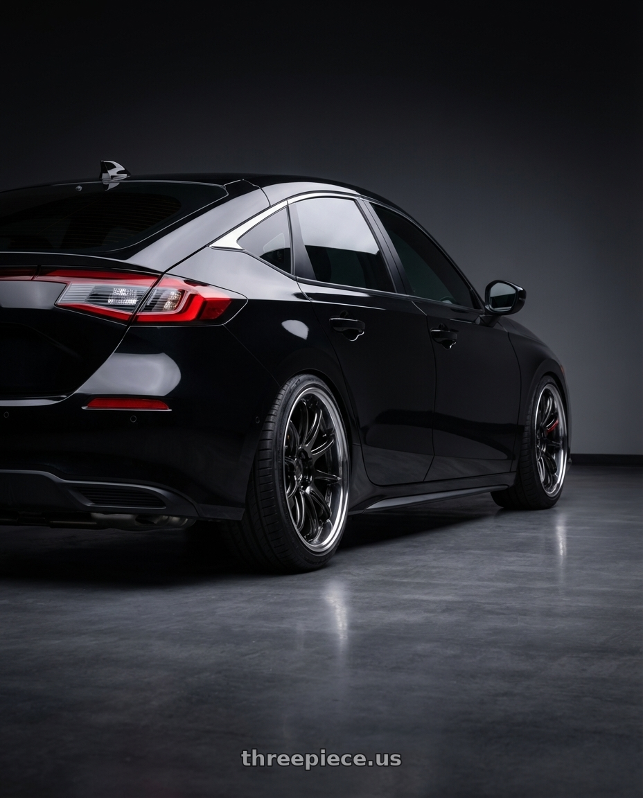 2023 Honda Civic Hatchback with Work Zr10 2P 5x114.3 18x10.0 +38 Glim Black wheels rear three quarter view slight stretch tires