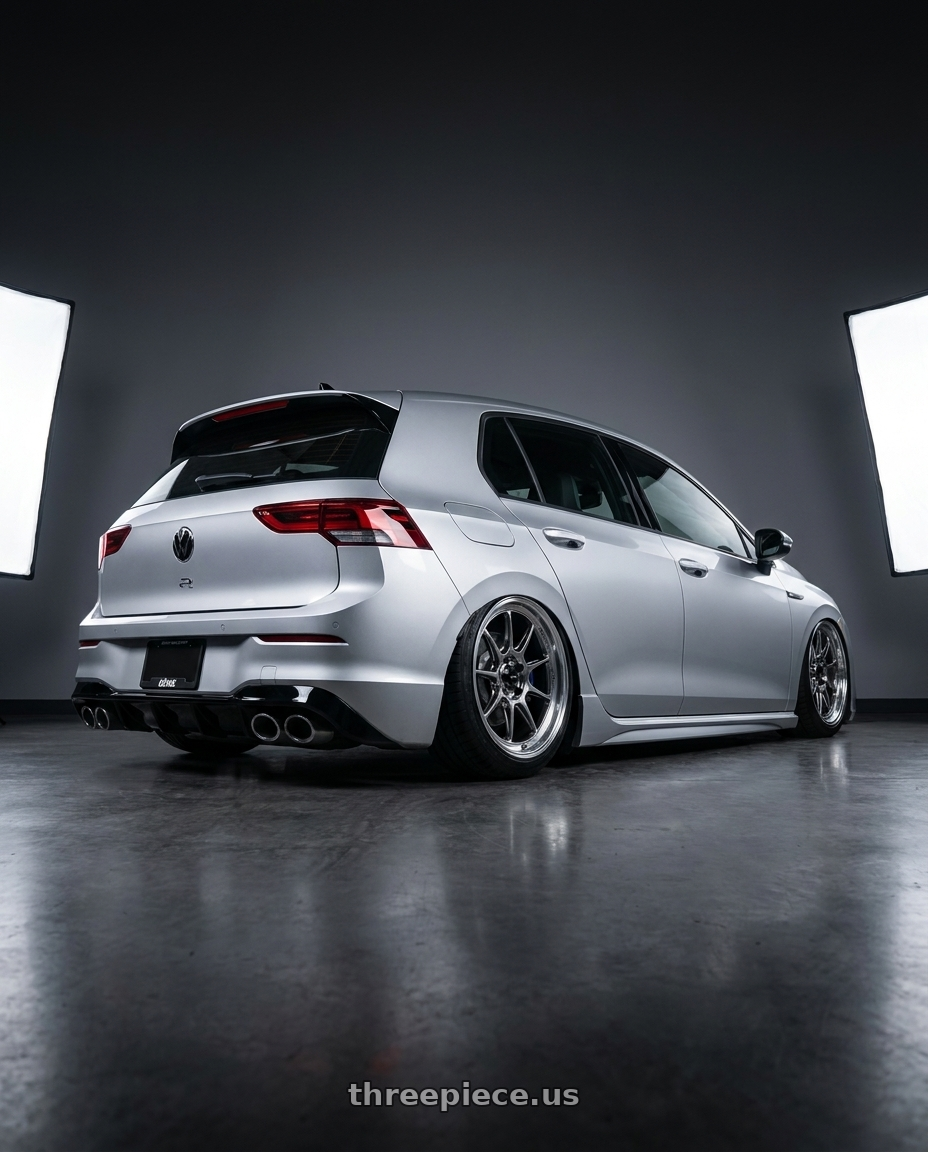 2024 Volkswagen Golf R MK8 with Konig Countergram 5x112 19x11+40 Hyper Chrome / Machined Lip wheels rear three quarter view slight stretch tires