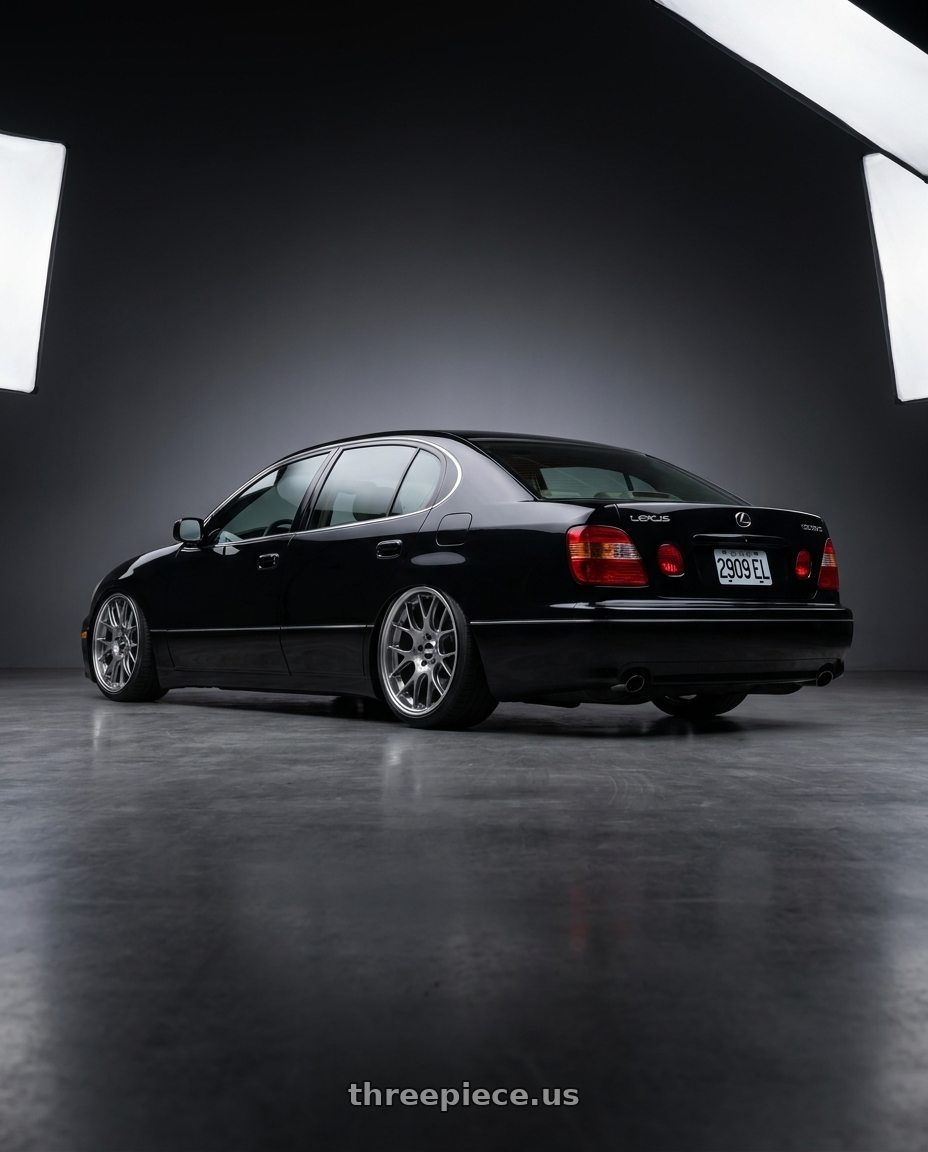 LEXUS GS300 2005 with BBS CH-R 5x114.3 20x9.5 +40 Satin Titanium Polished Rim Protector wheels rear three quarter view extreme stretch tires