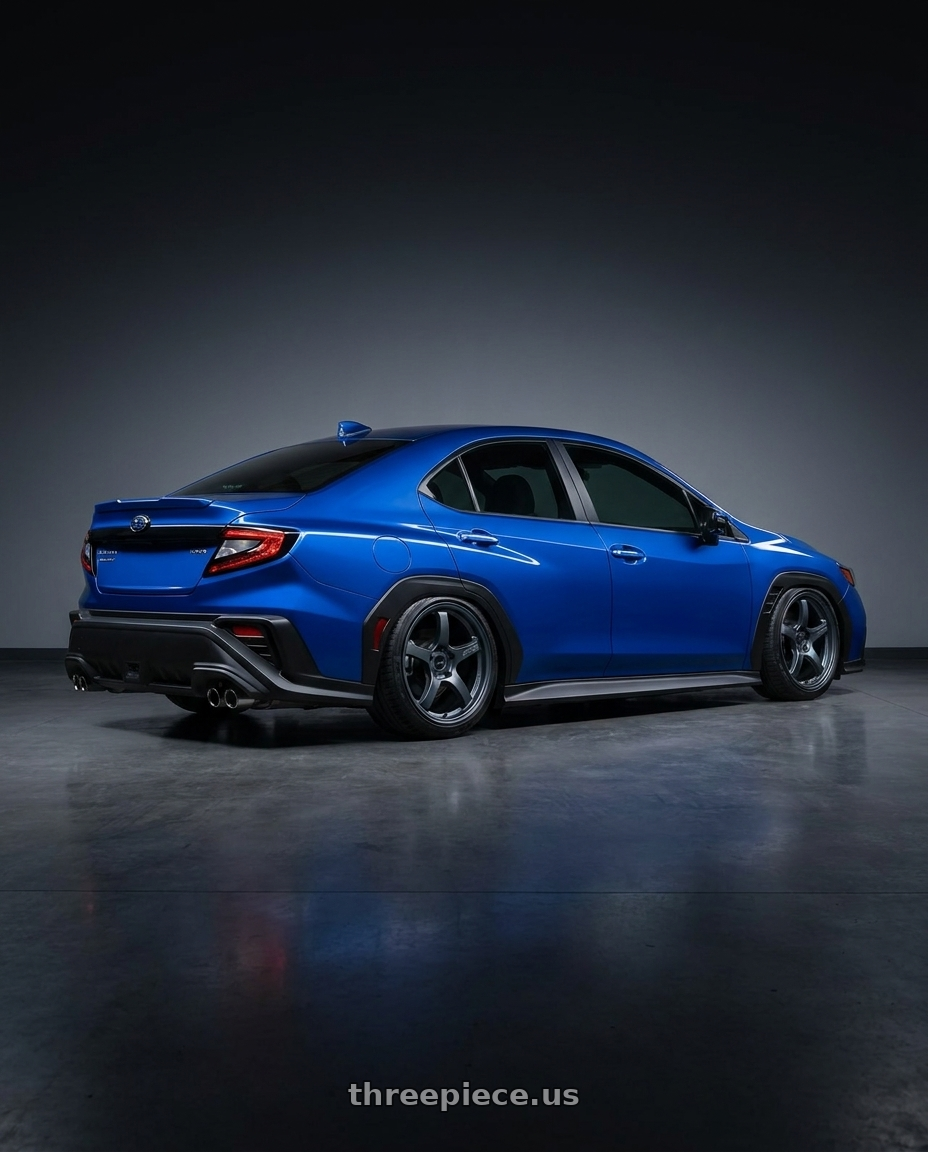 2024 Subaru WRX with Gram Lights 57CR 5x114.3 18x10.5+12 Gunblue II wheels rear three quarter view slight stretch tires