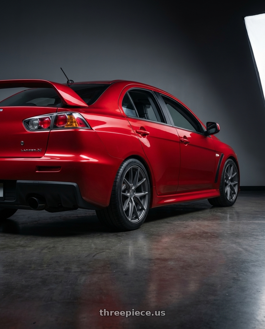 2012 Mitsubishi Lancer Evo X with Niche 1PC M116 MISANO 5X114.3 18X9.5 +40 MATTE GUN METAL wheels rear three quarter view square tires