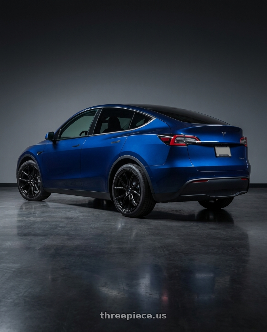 2022 Tesla Model Y with VOSSEN HFX-1 6X135 20x9.5 +15 SATIN BLACK wheels rear three quarter view square tires