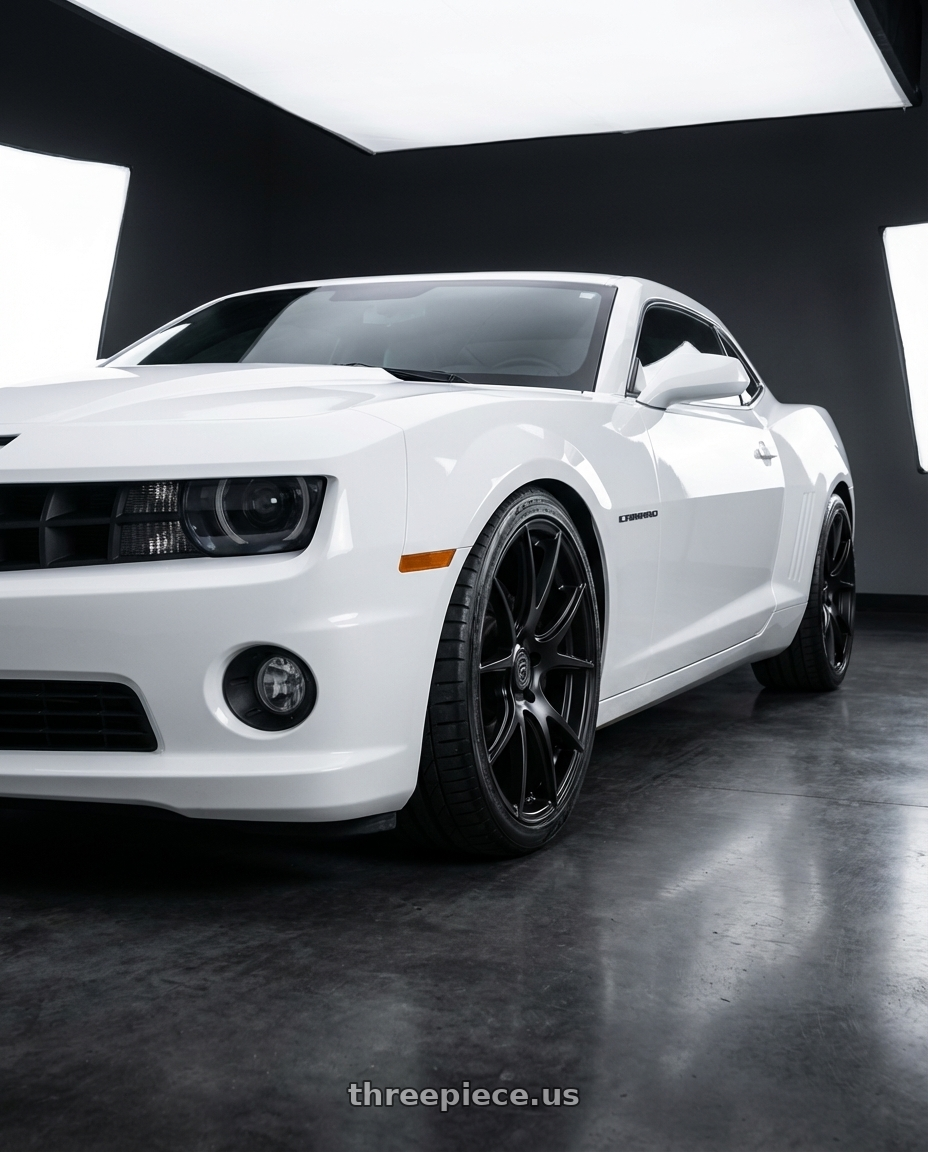 2014 Chevrolet Camaro 5th Gen with Forgestar CF5V 5x120 20x12 +52 Satin Black wheels front three quarter view lowered stance