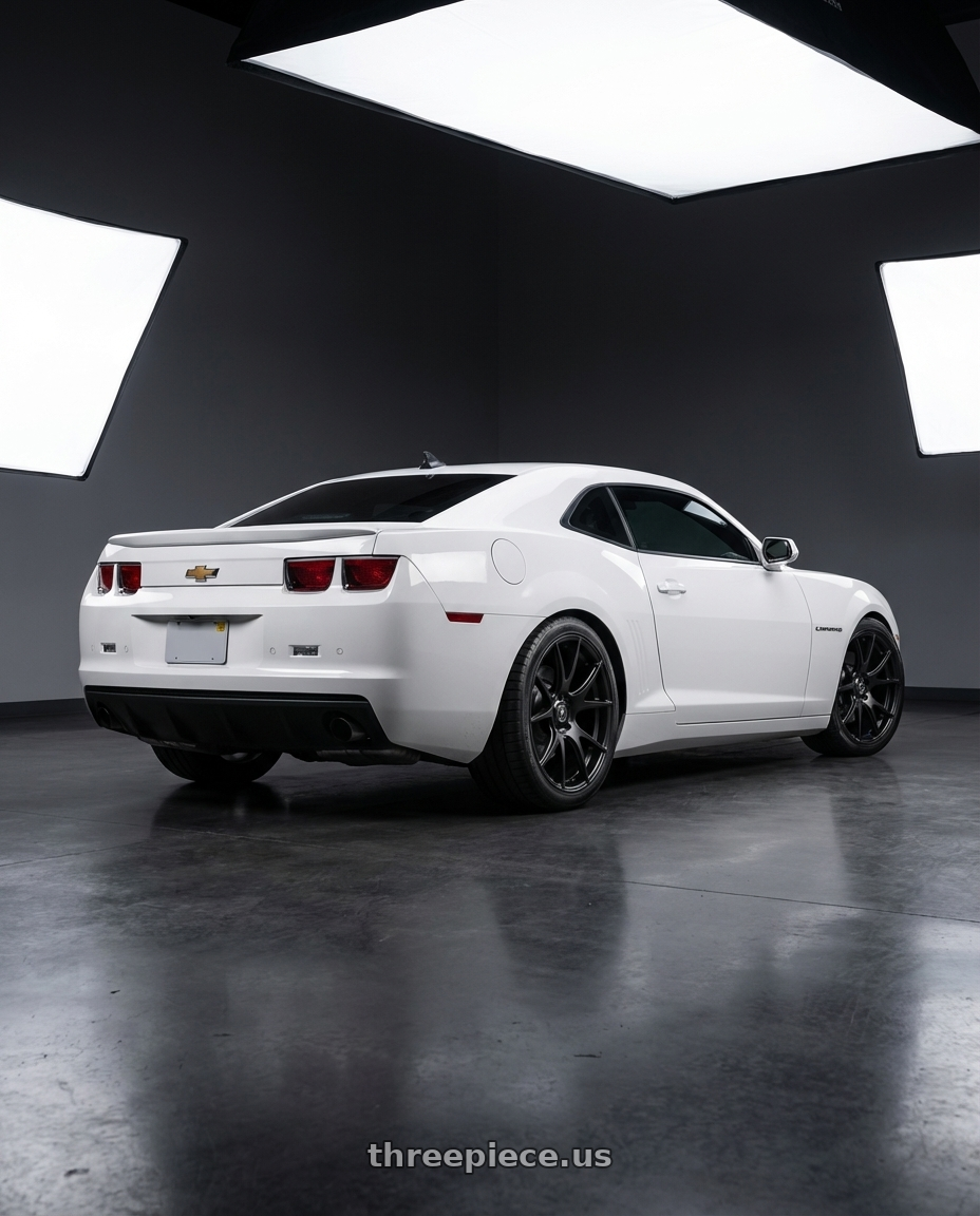 2014 Chevrolet Camaro 5th Gen with Forgestar CF5V 5x120 20x12 +52 Satin Black wheels rear three quarter view square tires