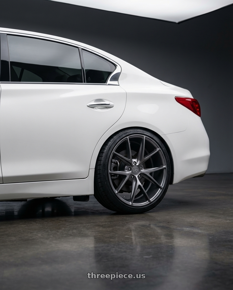 2020 Infiniti Q50 with Niche 1PC M116 MISANO 5X114.3 19X8.5 +33 MATTE GUN METAL wheels rear three quarter view square tires