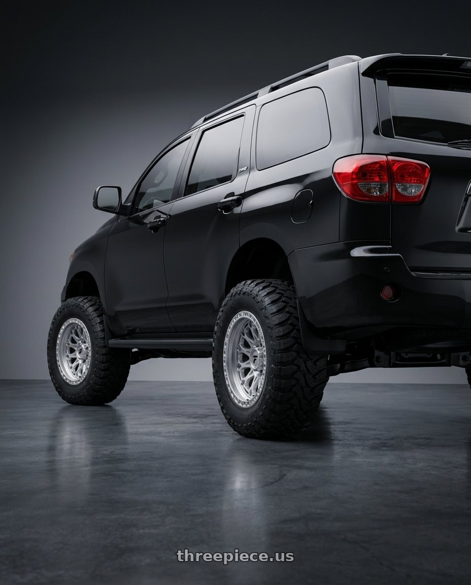 2012 Toyota Sequoia with Fittipaldi Offroad FT101MS 5x150 18x9 +18 Gloss Silver with Machined Face and Undercut wheels rear three quarter view meaty tires