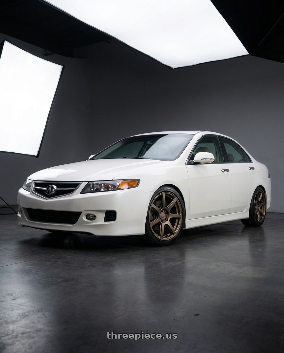 2003 Acura Tsx with Work Emotion T7r 5x100 18x8.5 +38 Matte Bronze wheels front three quarter view lowered stance