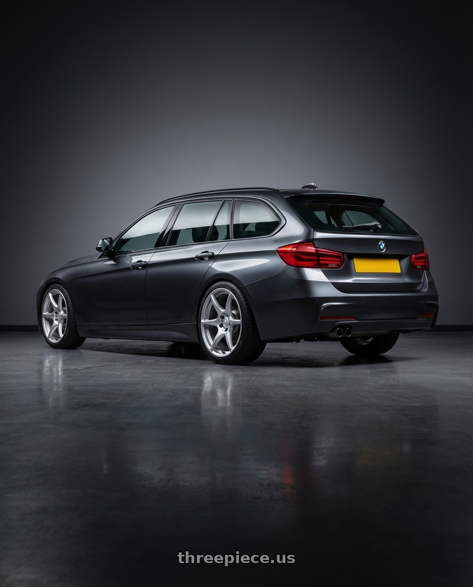 2016 BMW 3 Series F30 with Kansei K11S Tandem 5X120 19x9.5 22 Hyper Silver wheels rear three quarter view square tires