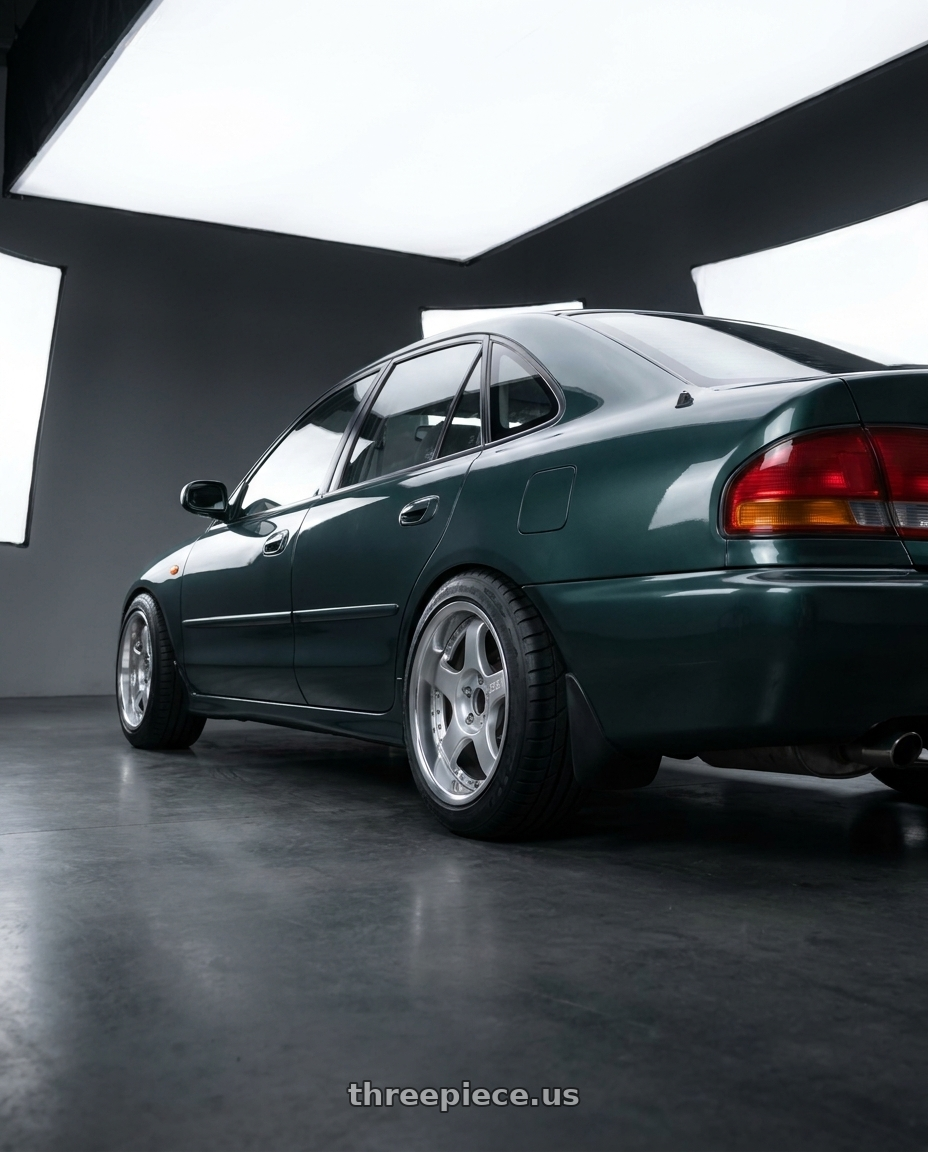 1994 Mitsubishi Galant with SSR Professor SP1R 4x114.3 16X6.5 45 SL Disk Silver wheels rear three quarter view meaty tires