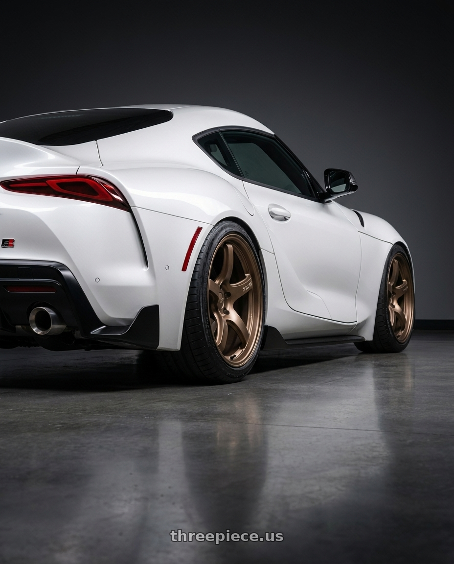 2025 toyota supra with Gram Lights 57CR 5x114.3 17x9+22 Bronze II wheels rear three quarter view slight stretch tires