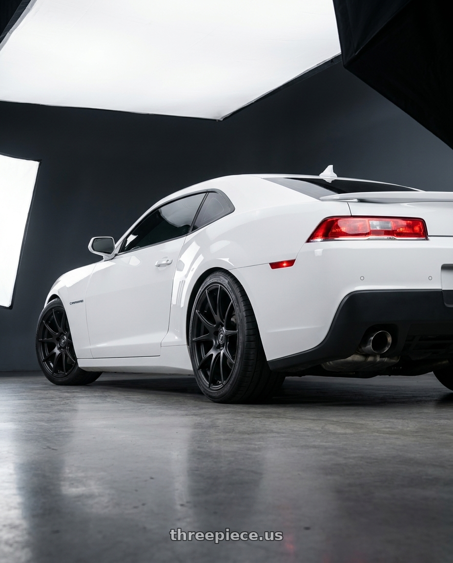 2014 Chevrolet Camaro 5th Gen with Forgestar CF5V 5x120 20x9 +38 Satin Black wheels rear three quarter view square tires