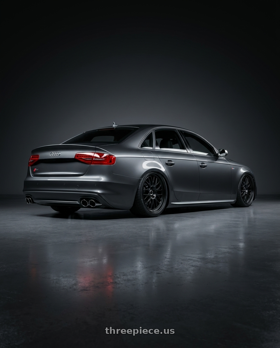 2015 Audi S4 B8.5 with fifteen52 HOLESHOT 5x112 19x8.5 +45 ASPHALT BLACK (SATIN BLACK) wheels rear three quarter view slight stretch tires