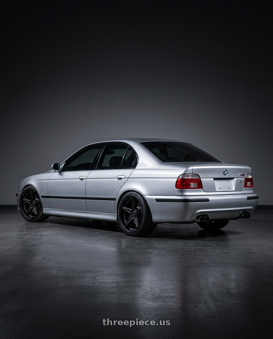 2003 BMW M5 with TSW LAUNCH 5X120 19X9.5 +20 MATTE BLACK WITH GLOSS BLACK LIP wheels rear three quarter view square tires