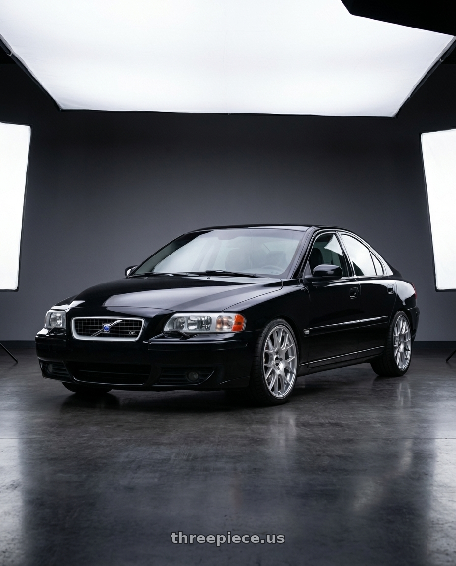 2005 Volvo S60, black sapphire metallic with BBS CH-R 5x112 19x8.5 +40 Brilliant Silver Polished Rim Protector wheels front three quarter view lowered stance