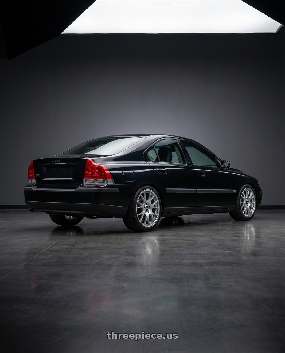 2005 Volvo S60, black sapphire metallic with BBS CH-R 5x112 19x8.5 +40 Brilliant Silver Polished Rim Protector wheels rear three quarter view square tires