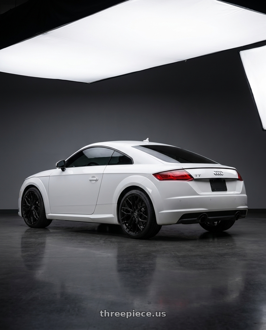 2016 Audi tt with F1R FS3 5x112 18x8.5 +42 Gloss Black wheels rear three quarter view square tires