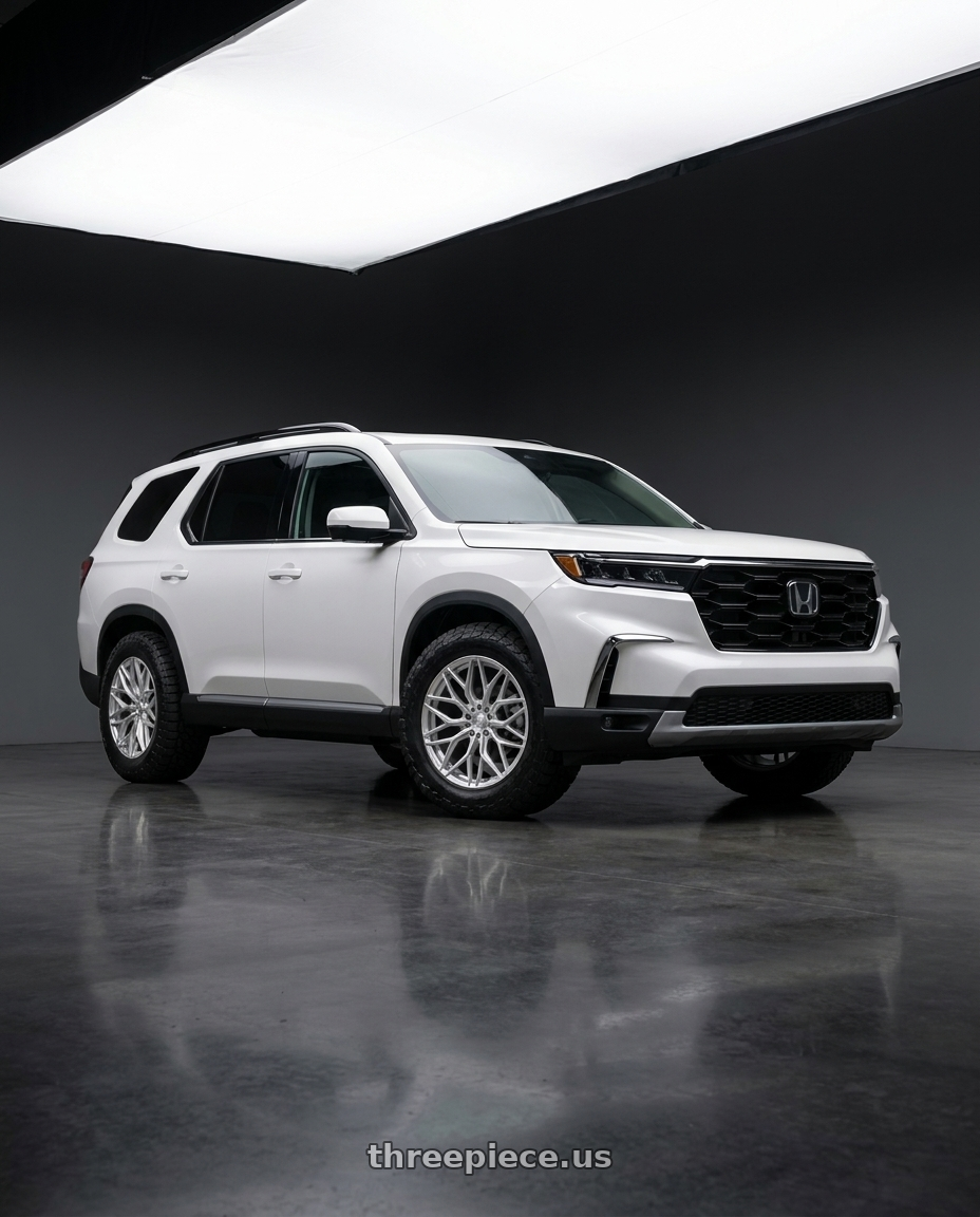 2023 Honda Pilot Touring with AL13 FR80 5x120 20x9 +40 Diamond Silver wheels front three quarter view stock stance