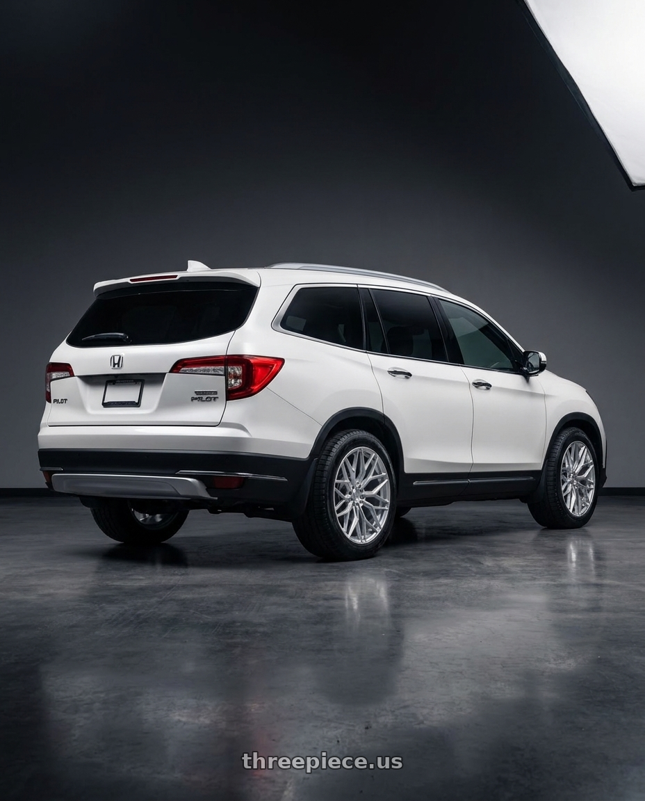 2023 Honda Pilot Touring with AL13 FR80 5x120 20x9 +40 Diamond Silver wheels rear three quarter view meaty tires