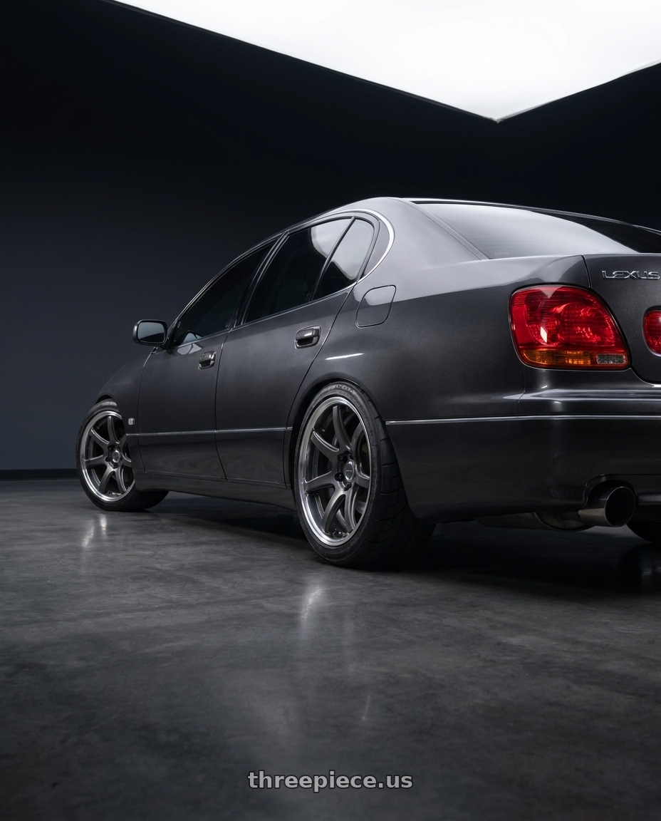2002 Lexus GS300 with Work Emotion T7R 2P wheels rear three quarter view meaty tires