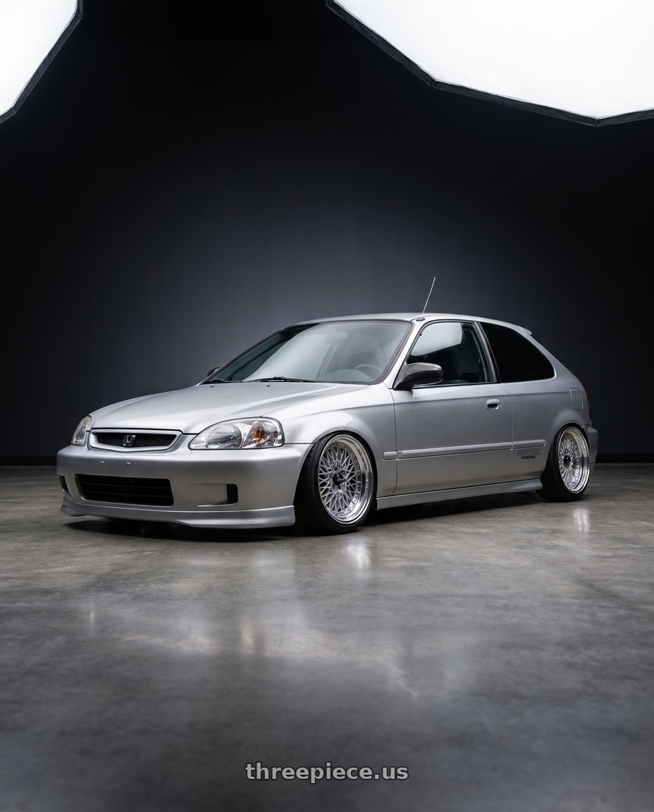 1999 Honda Civic DX with SSR Formula MESH 4X100 16X7+39 NR Disk Fm Silver wheels front three quarter view stanced stance