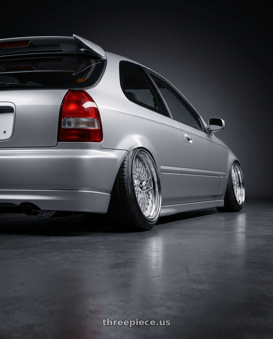 1999 Honda Civic DX with SSR Formula MESH 4X100 16X7+39 NR Disk Fm Silver wheels rear three quarter view extreme stretch tires