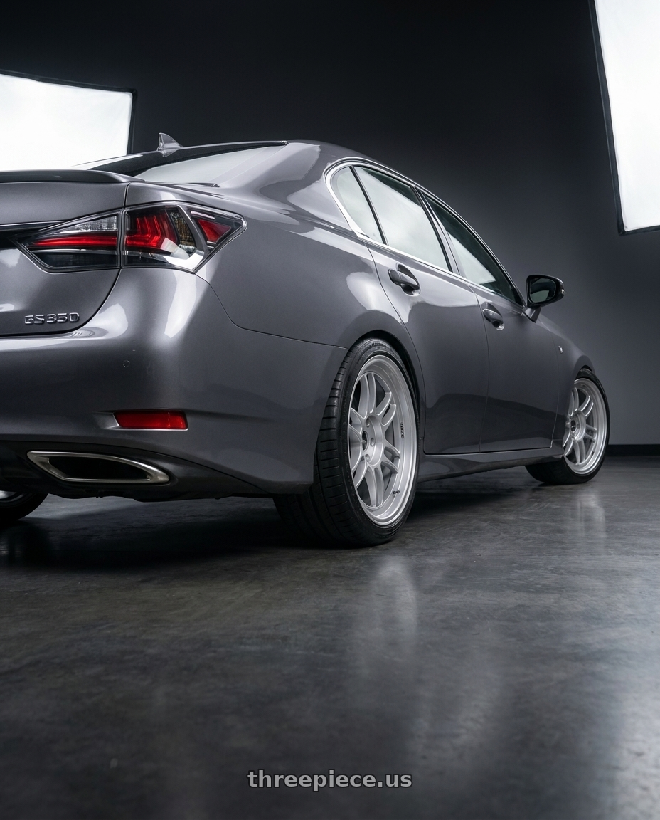 2016 Lexus GS350 with Enkei RPF1 5x114.3 18x9.5+45 Silver wheels rear three quarter view square tires