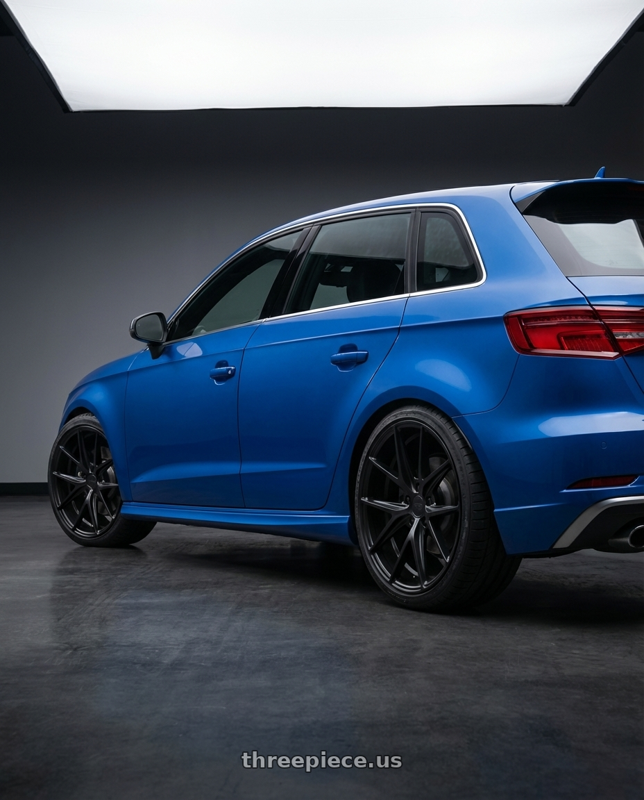 2019 Audi S3 8V with Niche 1PC M117 MISANO 5X112 18X8 +30 MATTE BLACK wheels rear three quarter view square tires