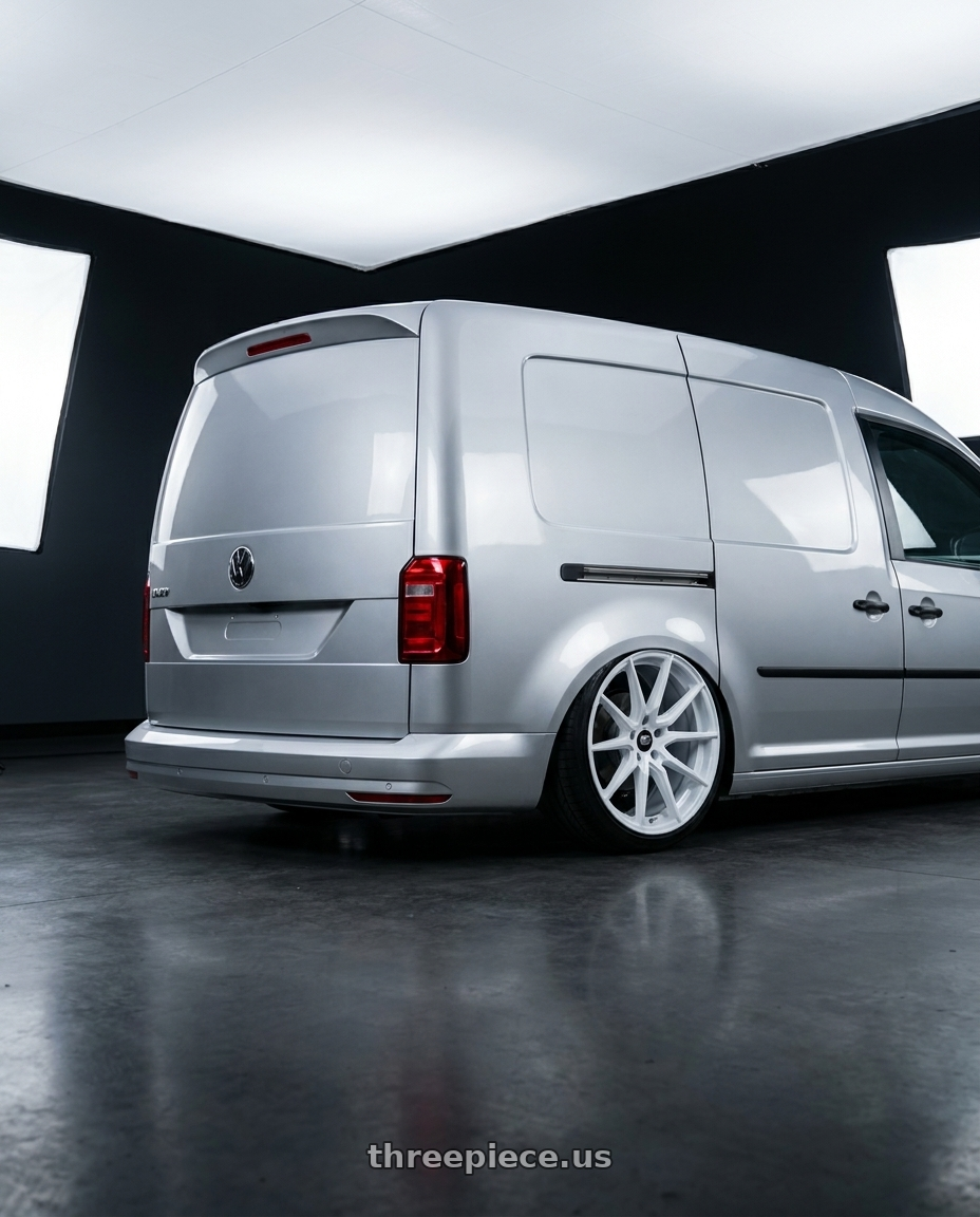 2019 Caddy van with MST Wheels DELTA 5x114.3 18x9.5 +38 Alabaster White wheels rear three quarter view slight stretch tires